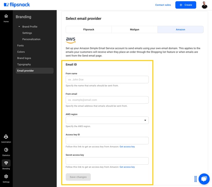 Amazon SES email provider details