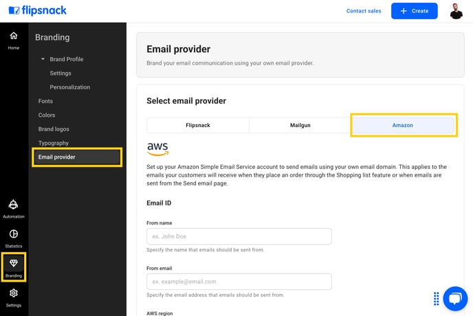 Amazon SES settings in Flipsnack 1