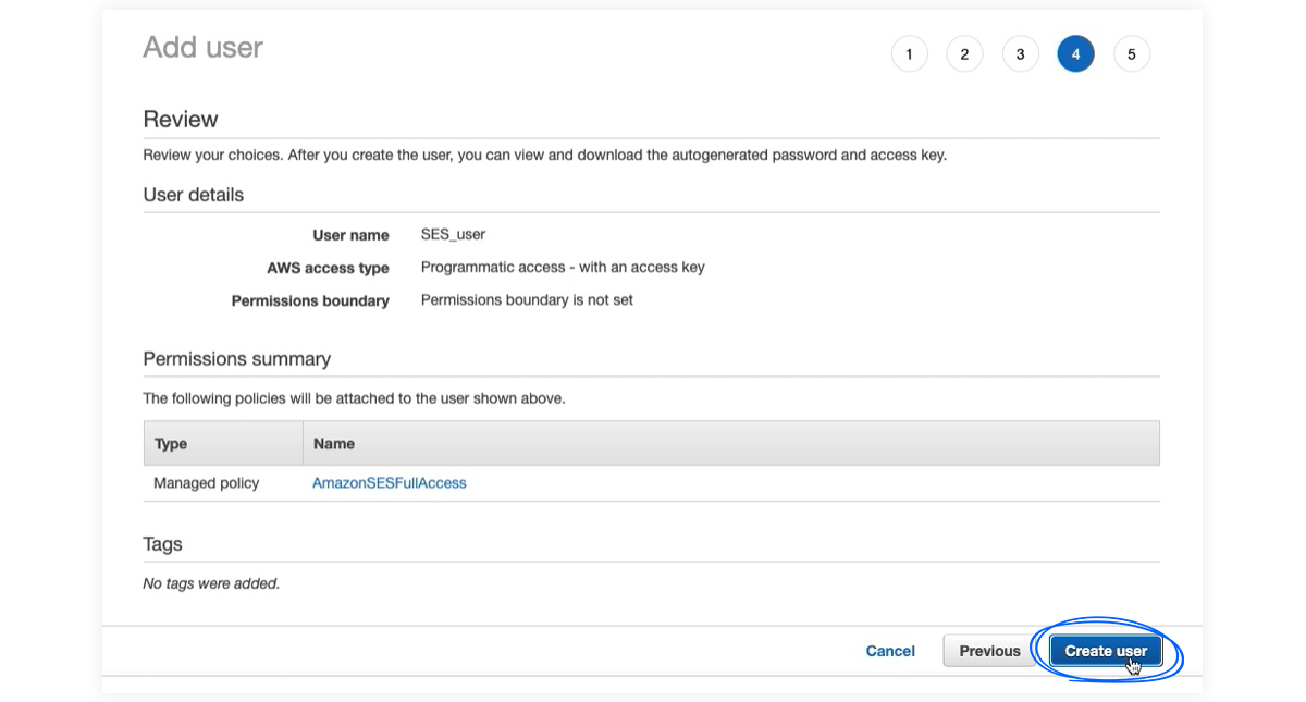 Create user in Amazon SES