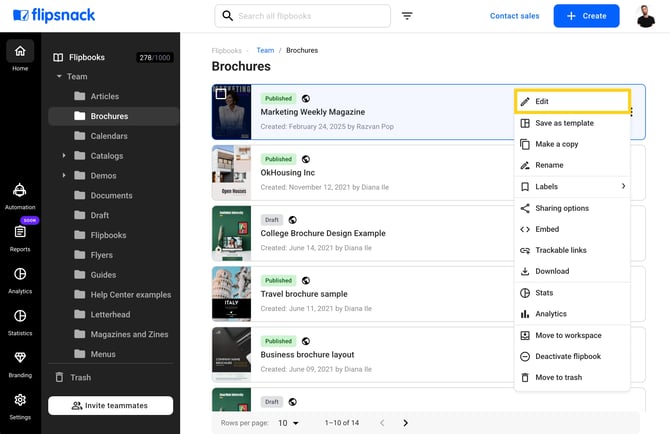 Edit flipbook in design studio