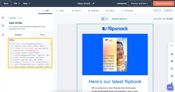 Paste the HTML code in Hubspot