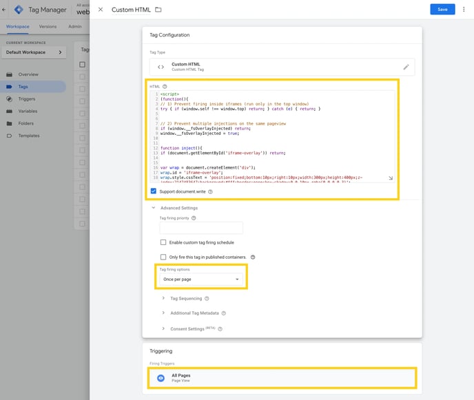 Google Tag Manager Custom HTML tag showing a simple CONFIG block for the overlay