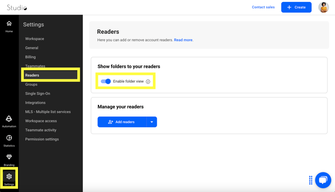 enable folder view for readers