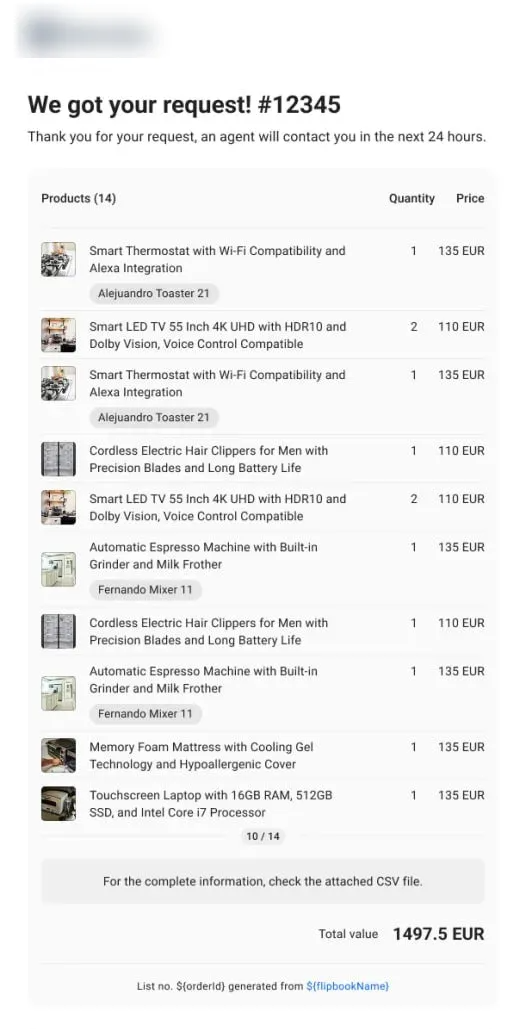 customer order in email