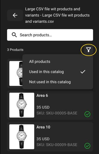 filter used and unused product in the catalog