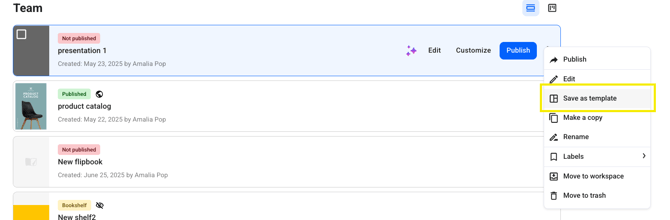 save as template from my flipbooks