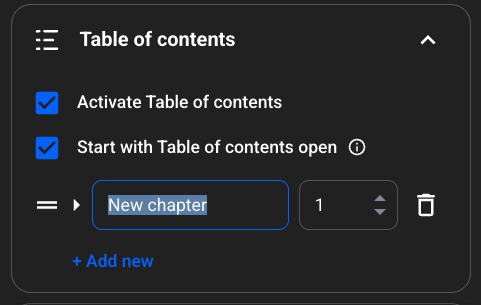table of contents settings