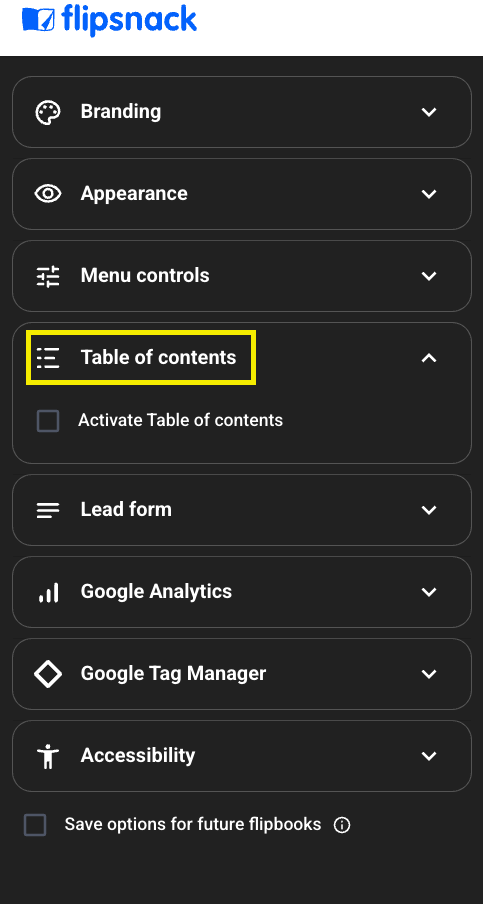 table of contents